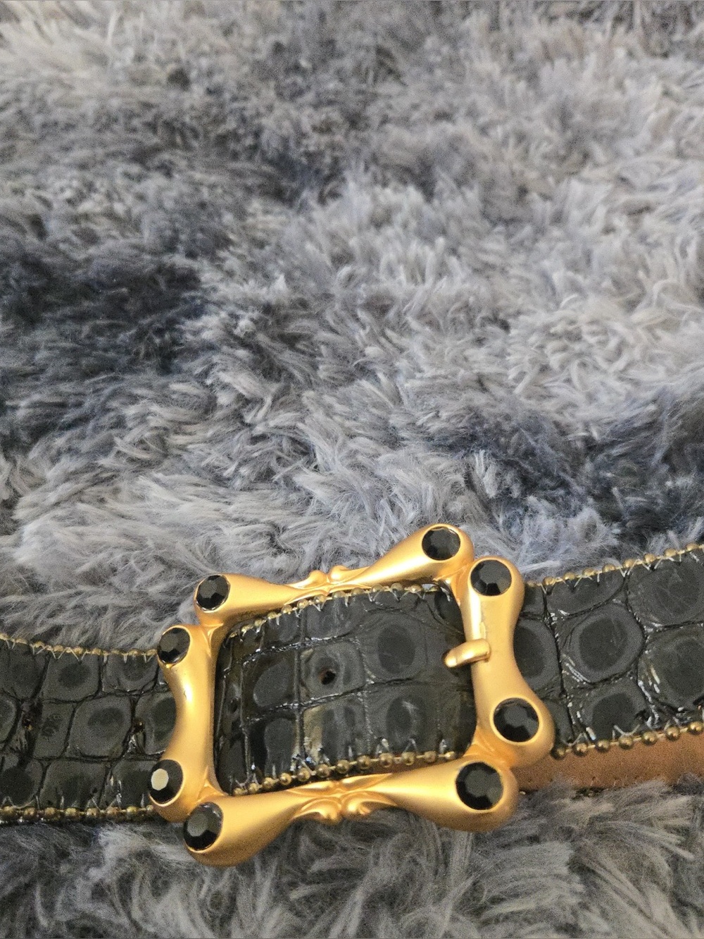 Vintage Belts by Simon Black Croc Leather Statement Belt Gold Cabochon Buckle XL